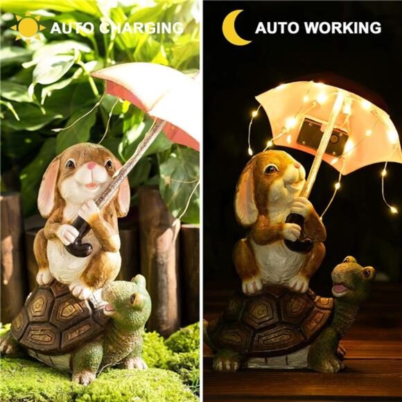 Solar Garden Statues Rabbit Turtle Garden Decor Figurine Lights for Outside - Picture 4 of 6